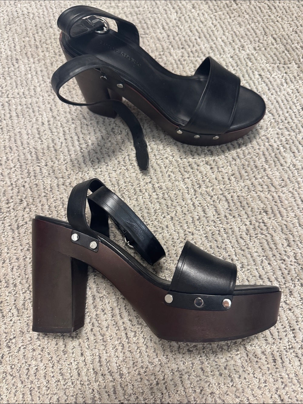Black Leather Platform Block Heel Sandals